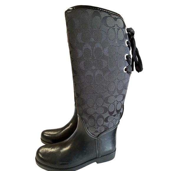 Coach Shoes - COACH black signiture print tristee rubber cloth lace up calf tall Rain boots 8M